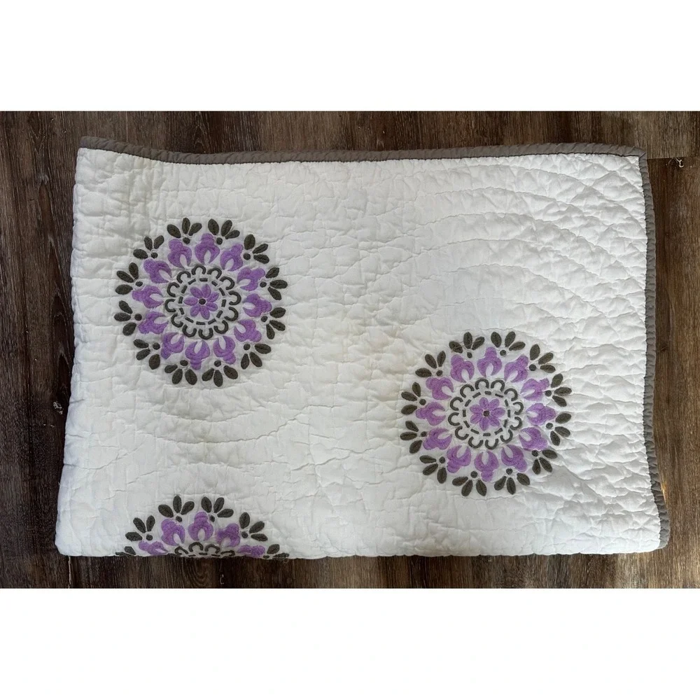 Pottery Barn Baby Blanket Quilt Purple Medallions Embroidered 50x36 Cotton
